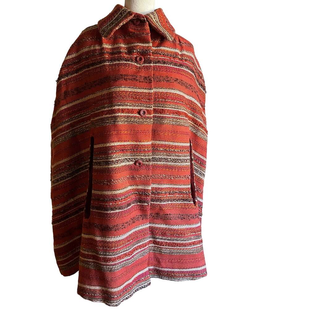 70s Vintage AROLA | Orange Finnish Wool Woven Cape Retro, Boho | One Size - Picture 2 of 11